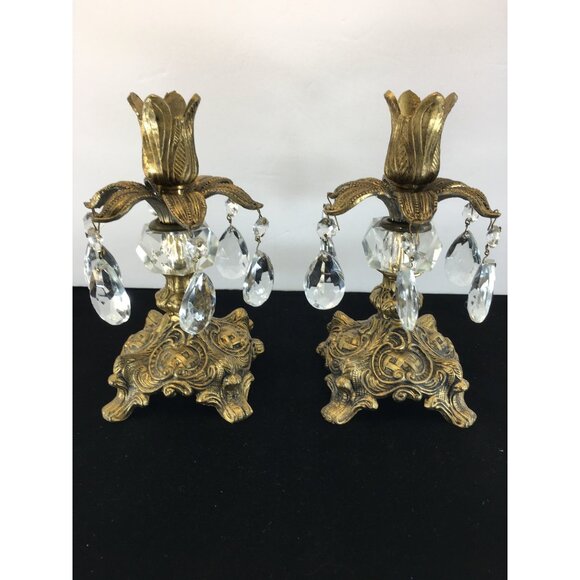 Vtg Hollywood Regency Candlesticks Holders Crystal Glass Gold Cast Metal 1973 - Picture 1 of 16